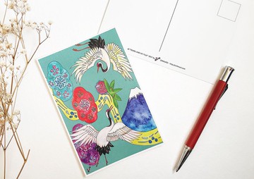 感受日本明信片 3 張組 - 鶴與富士山 -