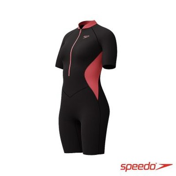 SPEEDO 官方旗艦店 女 運動連身短袖及膝泳裝 黑/珊瑚橘