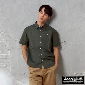 JEEP 男裝 品牌LOGO口袋短袖襯衫-綠色