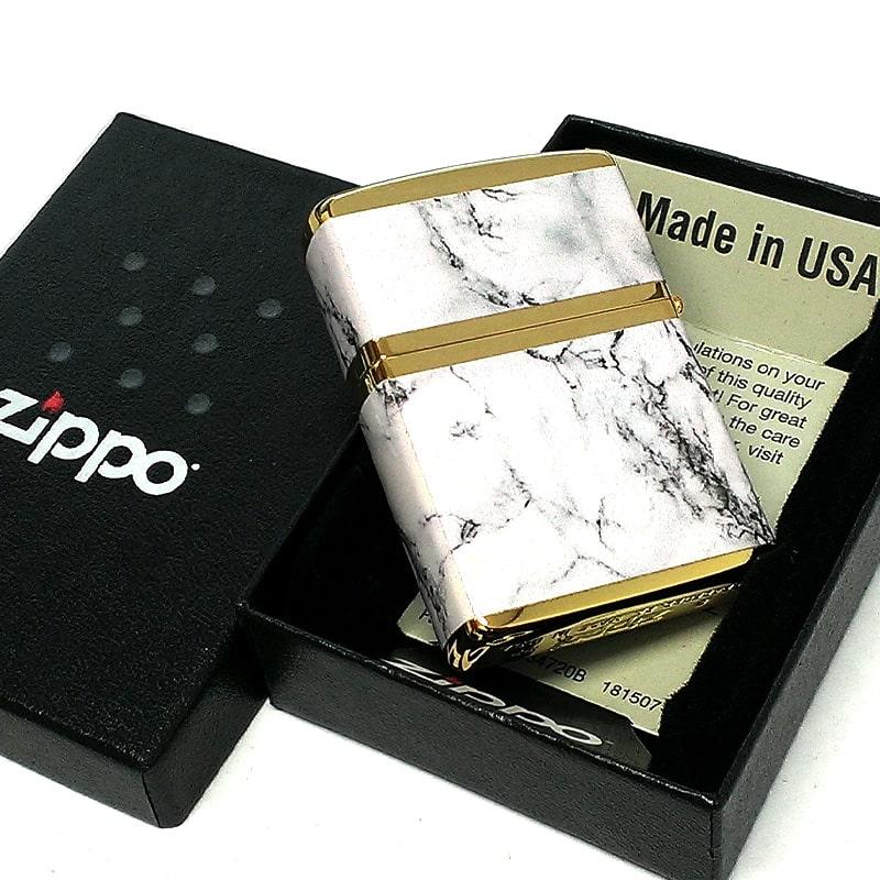 ZIPPO ライター ロゴ ジッポー ゴールド ホワイト 金タンク 4面加工 大理石 Marble Logo かっこいい おしゃれ メンズ ギフト プレゼント