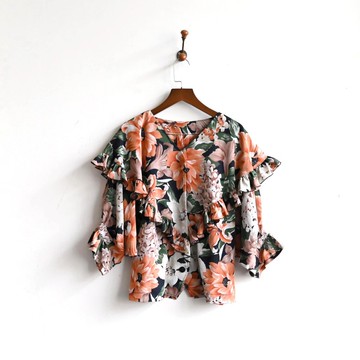 【蛋植物古著】花百荷葉印花短袖古著襯衫