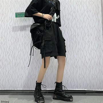 純色闊腿褲子寬鬆闊腿五分褲工裝短褲女裝潮夏季