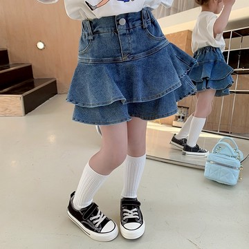 荷葉層層裙擺牛仔裙 褲裙 短褲 短裙 牛仔短褲 丹寧 褲子 大童 女童 兒童 童裝【BB8241】