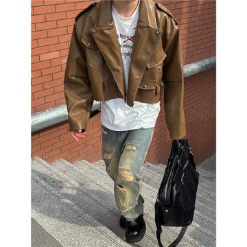 美式復古短款機車皮衣外套男春秋季高級感痞帥美拉德寬松皮夾克潮