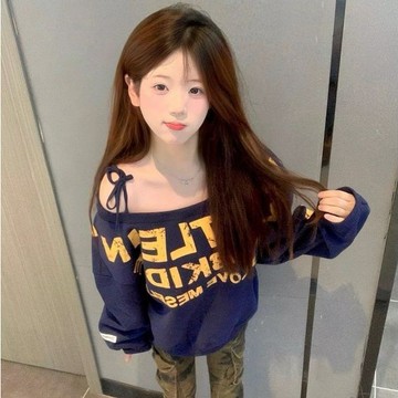 【露肩設計】女裝 美式復古 灰色 斜肩衛衣 春秋上衣 oversize 寬鬆 小眾設計感 外套 長袖