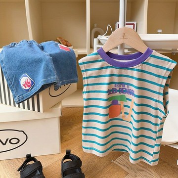 Mimo⭐兒童夏季複古條紋背心男童純棉無袖T恤薄款寶寶圓領上衣
