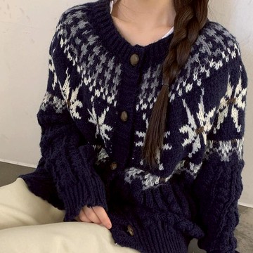 Codibook｜韓國 ondeed 冬日雪花北歐風麻花針織外套［現貨 - 藏青］針織外套 女裝