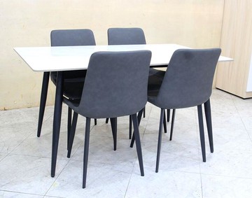 【歐風別館】庫德10mm白色岩板黑鐵餐桌+四張皮面餐椅【工業風~基隆至台中免運費】