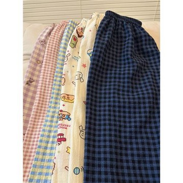 高個子加長睡褲女春秋季薄款家居遛彎休閑格子寬松闊腿褲子可外穿