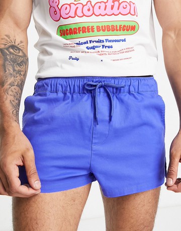 ASOS DESIGN skinny super short chino shorts with side splits in bright blue - MBLUE