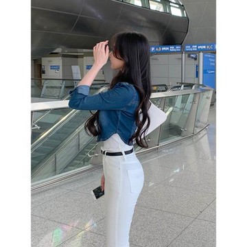 牛仔襯衫外套女小個子短款夏季薄款修身洋氣時尚長袖藍色翻領上衣