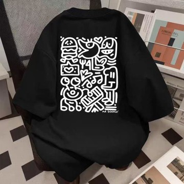 重磅純棉港風百搭設計感涂鴉印花短袖t恤男女寬松夏季ins潮流上衣