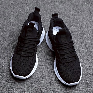 秋季男士黑色運動鞋男休閑帆布鞋透氣百搭飛織潮鞋網面跑步男鞋子