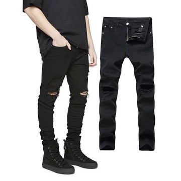 Kanye West權志龍同款高街膝蓋破洞小腳牛仔褲男jeans乞丐褲潮黑