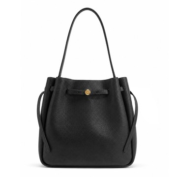 TORY BURCH ROMY 納帕皮革束帶繩肩背水桶包(大/黑)