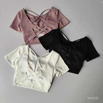 熱賣爆款 【2949次迴購】美背帶胸墊瑜伽服短袖女跑步健身T恤短款露肚臍舞蹈服上衣夏 8QGN
