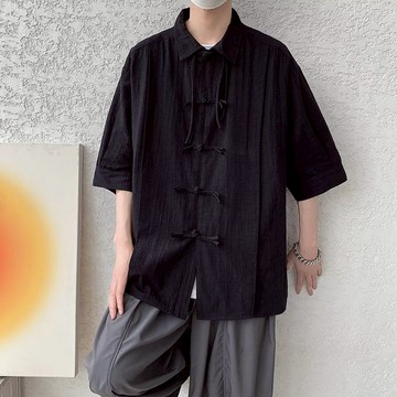 新中式短袖襯衫男夏季國風短袖翻領盤扣襯衫唐裝道袍外套 五分袖襯衫（DC266）【壹號站】