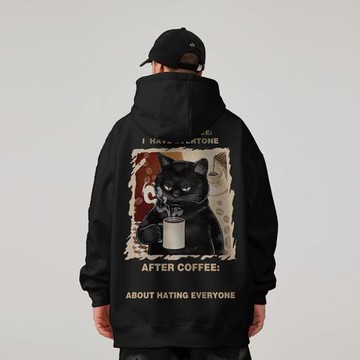 美式復古趣味貓咪嘻哈大碼連帽衛衣男裝純棉重磅oversize加絨春秋