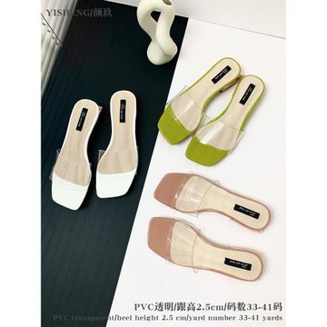 拖鞋女透明外穿夏季2025新款百搭粗跟涼拖鞋防滑網紅綠色平底涼鞋