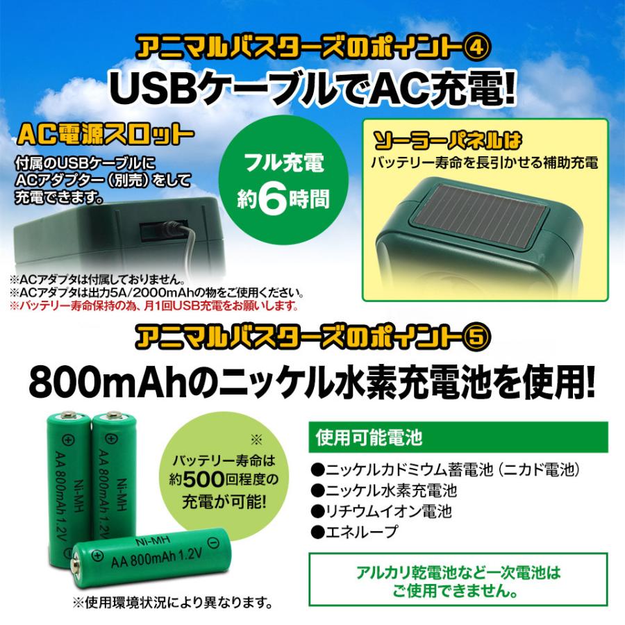 動物撃退器 猫よけ 超音波 アニマルバスターズ 1台 動物除け 猫除け ネコ除け 鳥獣対策 USB充電 ソーラー 防水 5段階モード 光 威嚇 カラス 猪 狸 鳩 ねずみ