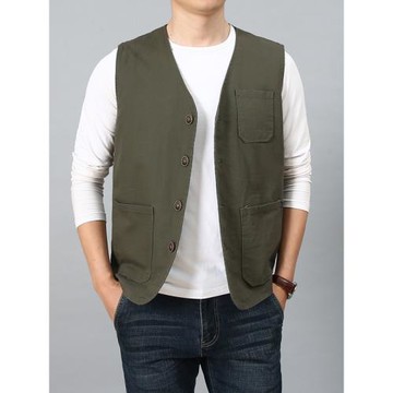 中老年男裝純棉馬甲男春秋薄款復古紐扣牛仔坎肩爸爸多袋工裝馬夾