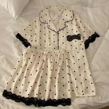 冰絲睡衣女款夏天短袖套裝蕾絲花邊甜美愛心家居服夏季薄款可外穿