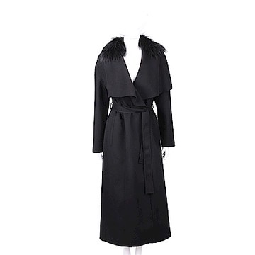 Manzoni 24 喀什米爾皮草領黑色綁帶手工羊絨大衣