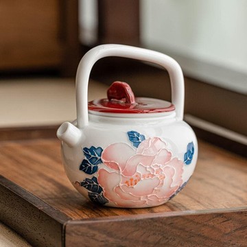 快速出貨 臺灣現貨手繪堆雕畝單提梁壺陶瓷查壺家用泡查壺中式查具功夫查泡查器單壺