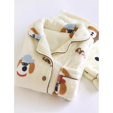 秋冬季加厚海島絨可愛狗狗法蘭絨翻領加厚長袖家居服睡衣套裝女