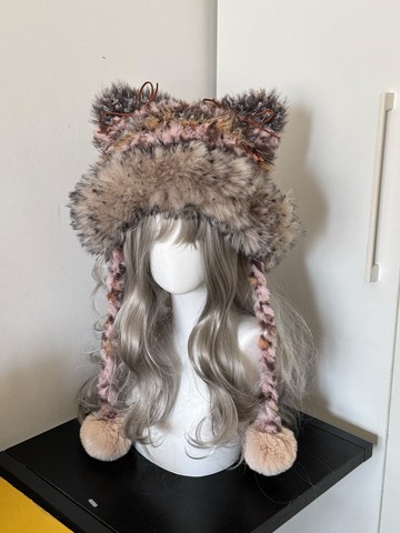 灰粉色豹紋仿毛貓耳帽 | 手工毛絨動物耳朵冬帽