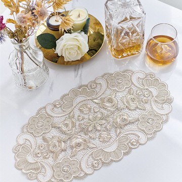 【禮物】華麗玫瑰水溶鏤空蕾絲桌巾-金蔥香檳(精緻11件/豪華12件)