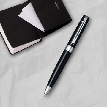 【SHEAFFER】300系列黑桿銀夾原子筆+A6筆記本禮盒 免費刻字