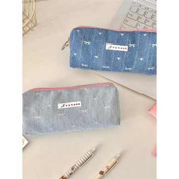 410113 新款牛仔色蝴蝶結文具筆袋零錢收納包學生文藝便攜手拿包