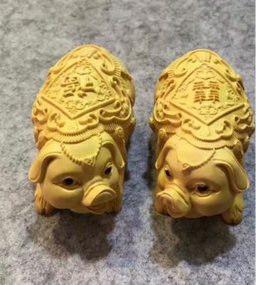 黃楊木手把件生肖福豬木雕刻工藝品實木小擺件家居飾品木質文玩1入