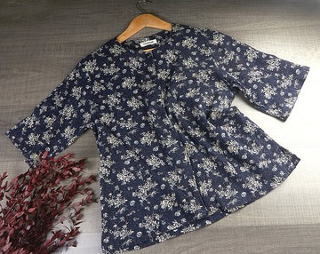短款藍色碎花復古女式上衣| 女士花卉上衣