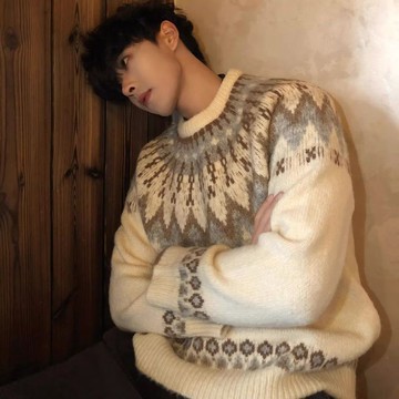 聖誕衣服 情侶裝 上衣 費爾島毛衣男女同款秋冬季新款聖誕節撞色提花情侶日系復古針織衫