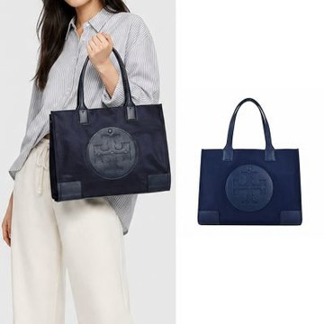 TORY BURCH ELLA 經典縫線LOGO尼龍托特包(小/海軍藍)