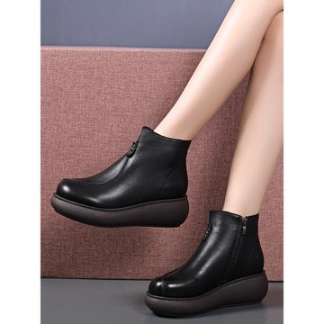 秋季馬丁靴女真皮短靴松糕鞋皮鞋軟底棉鞋加絨靴子媽媽鞋女士女靴