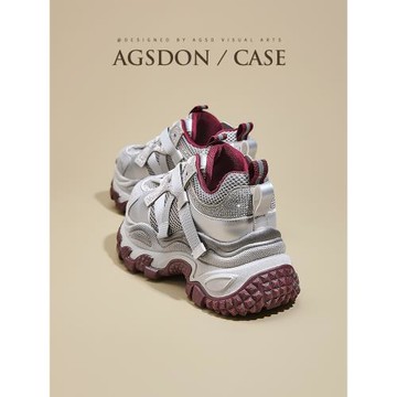 奧古獅登銀紅色厚底老爹鞋女2025新款夏季爆小個子增高透氣運動鞋