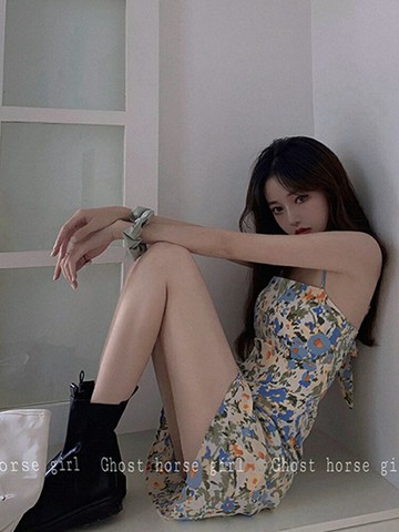 韓風chic性感高腰露背碎花吊帶連衣裙設計感小眾夏季收腰顯瘦氣質