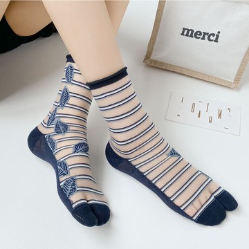 女襪 薄款水晶絲襪 透明二趾 樹葉卷邊襪 圓點提花 日系分趾復古二指