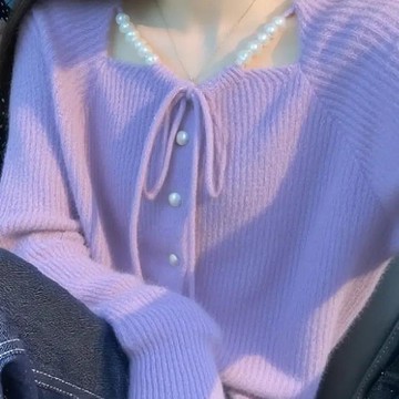 愛依依 針織衫 上衣 毛線衣保暖 新款紫色蝴蝶結繫帶針織衫洋氣百搭內搭上衣-13604.