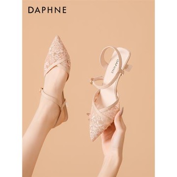 達芙妮高跟鞋女2024年爆款春季細跟蕾絲鏤空性感中空尖頭女士單鞋