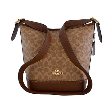 [平輸版] 【COACH】棕色C LOGO PVC拼接焦糖色荔枝紋全皮斜背水桶包 真品平輸
