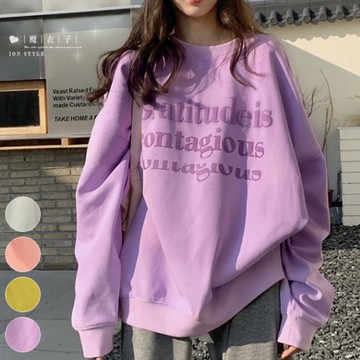 【QV3929】魔衣子-冬日哲學．字母印花寬鬆休閒圓領刷毛長袖上衣
