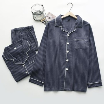 日系豎條紋睡衣男士女春秋冬季純棉絨布寬松加大碼情侶家居服套裝