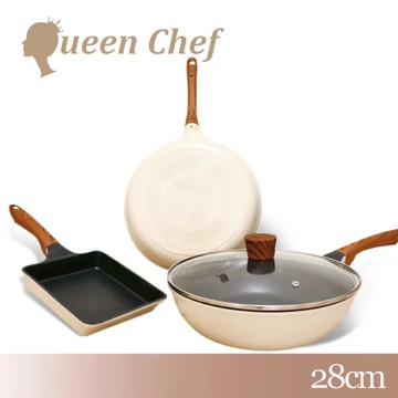 【廠商直送】Queen Chef - 韓國Light Plus 鈦合金鑄造不沾鍋三鍋 28CM 4件組(炒鍋+平底鍋+蓋+玉子燒)