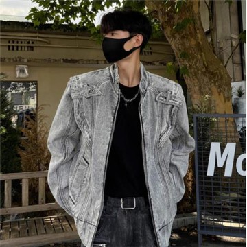 美式復古重工拼接立領牛仔外套男春秋潮牌寬松大碼設計感短款夾克