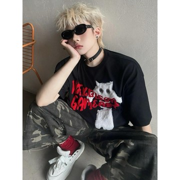 【PAGANS STORE】韓國 貓咪 美式 立體 絨毛 毛巾繡 寵物 刺繡 英文 標語 短袖 短Tee