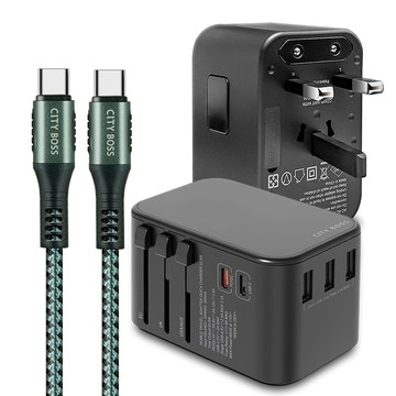 CITY BOSS CITY萬用轉接頭急速充電器33W PD快充-黑+勇固Type-C to Type-C 編織耐彎折快充線-綠300cm